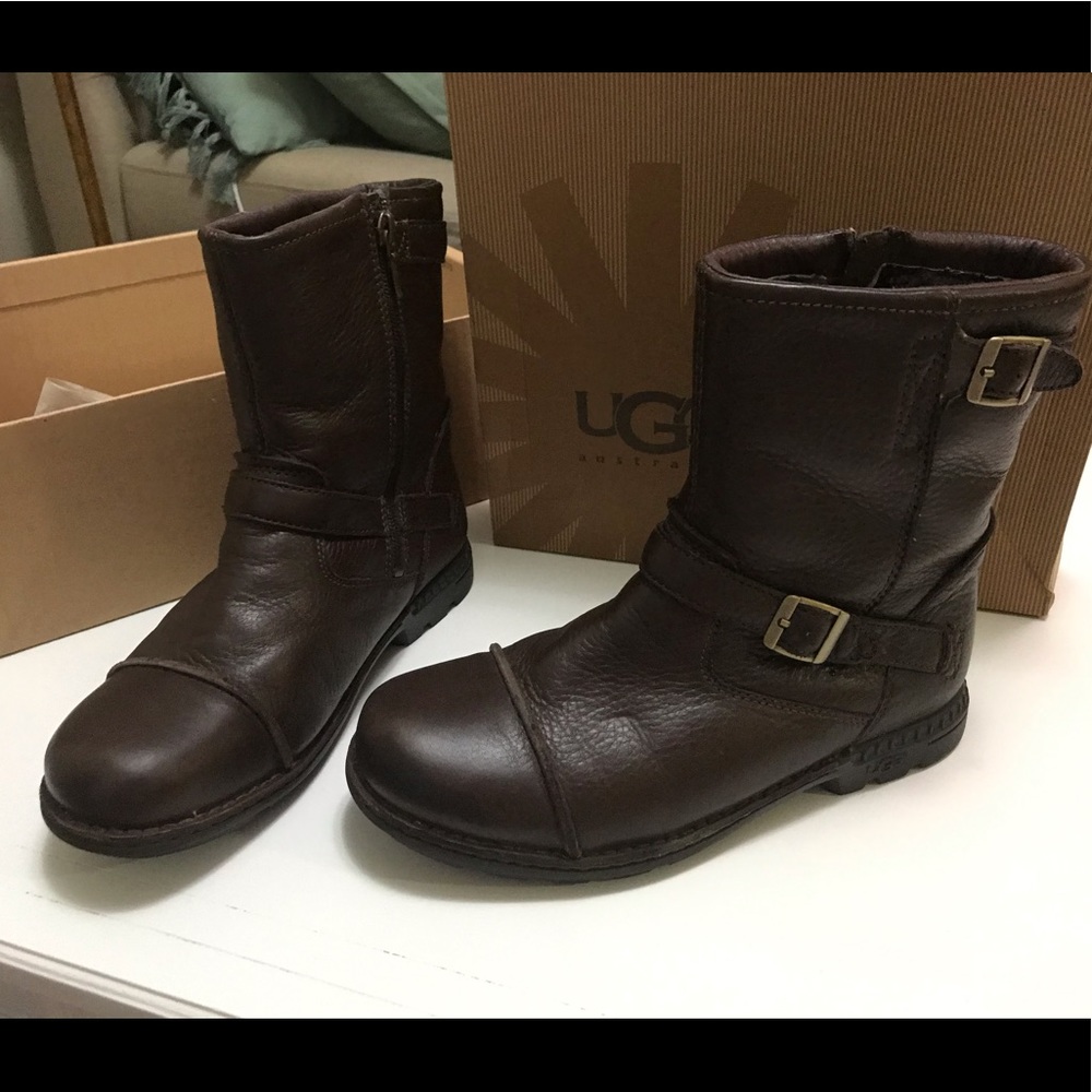Big Kid’s Ugg Boots, deep brown leather K Rockville 1971 chocolate size 6 zipper - Picture 1 of 15
